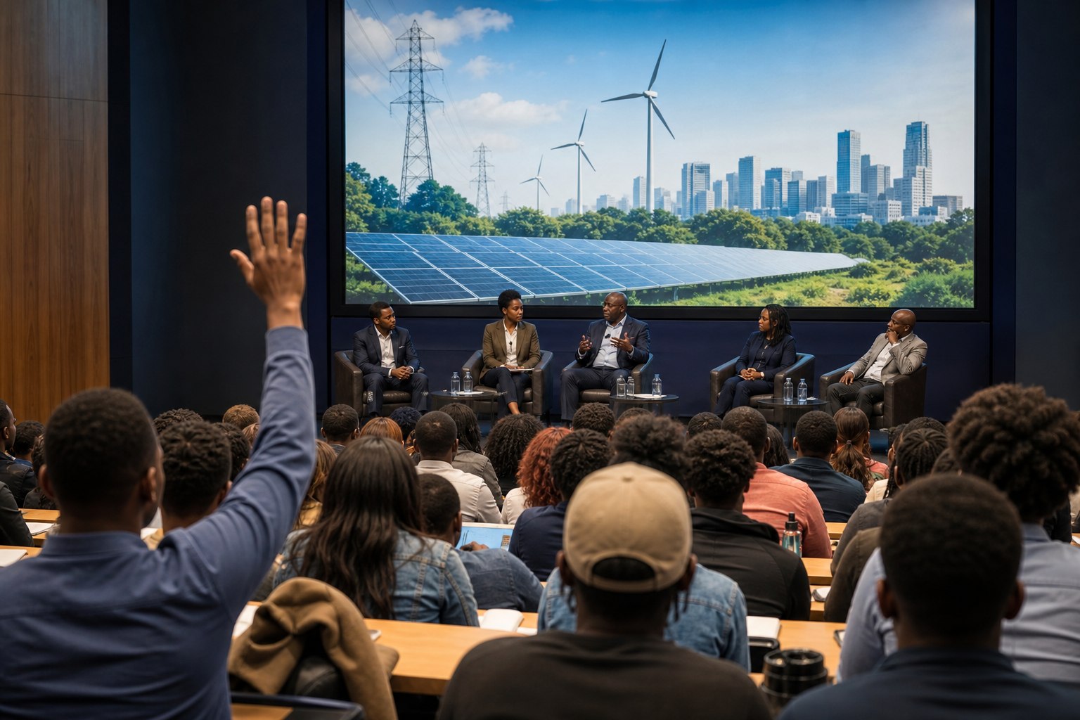 Students and energy professionals participating in an energy-industry panel discussion